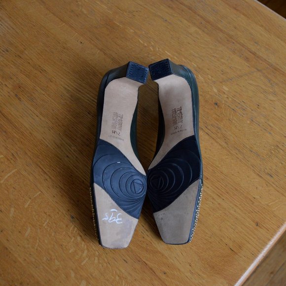 Nearly New Timothy Hitman Green Leather & Gold Dotted Metal Cap Toe VINTAGE 80s - Picture 7 of 8